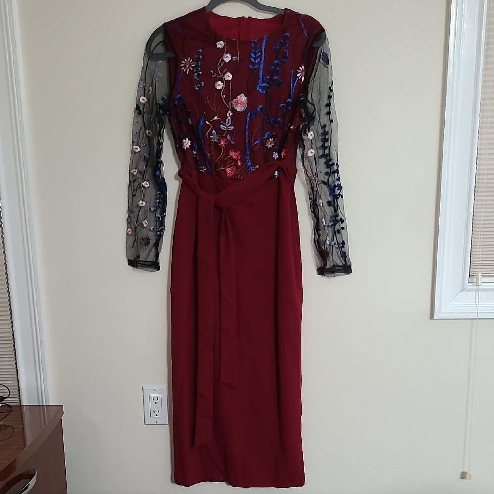 Embroidered Wine Red Long-Sleeve Midi Dress with Sheer Sleeves
